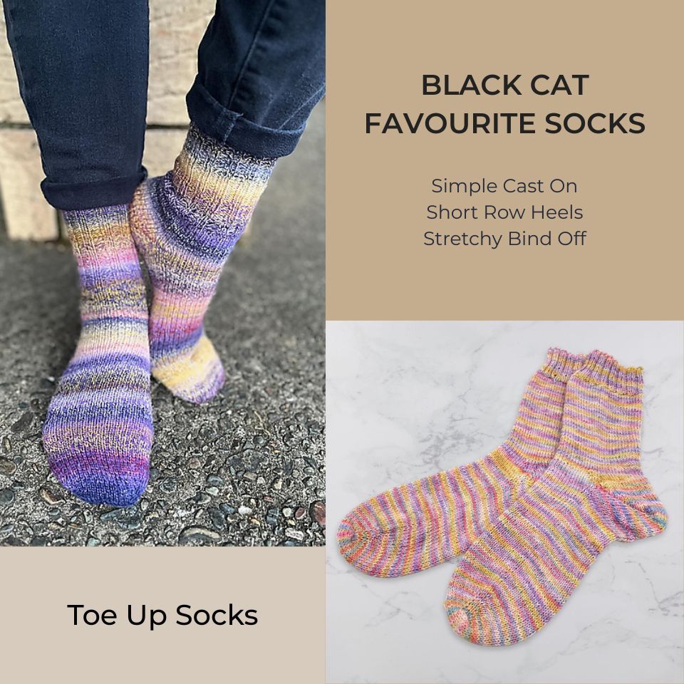 Two pairs of colourful socks with the words Black Cat Favourite Socks and Toe Up Socks