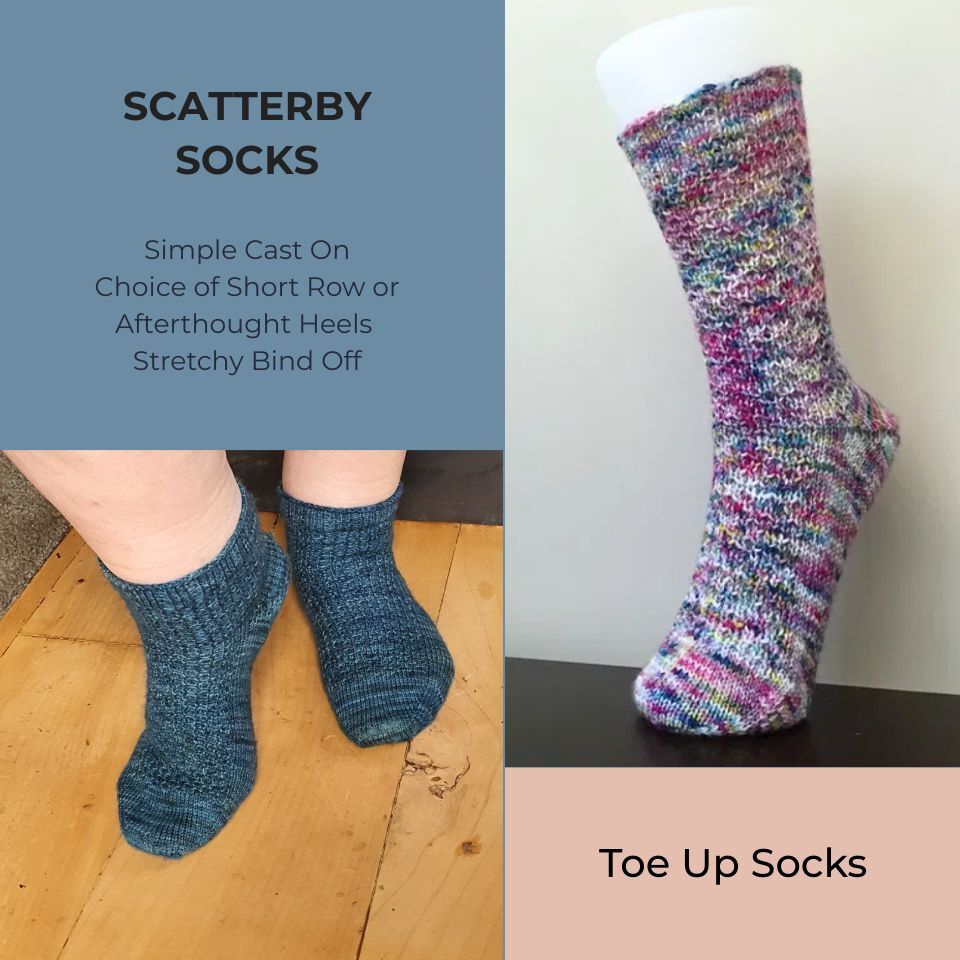 Hand-dyed variegated socks with the words Scatterby Socks and the sock details